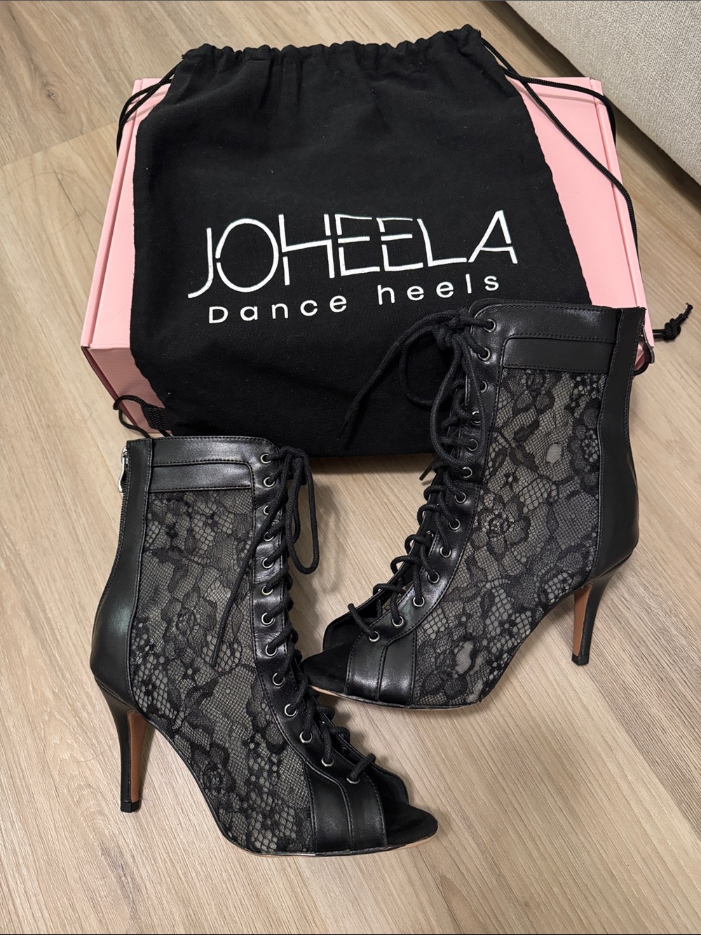 Joheela Valentina Lace-Overlay Peep-Toe Lace-Up Heeled Booties - Black Size 40